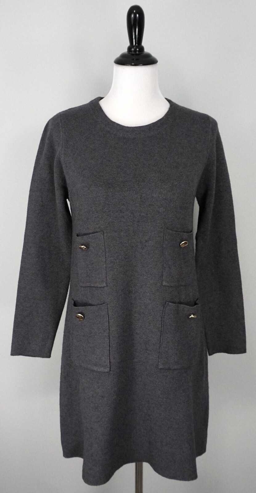 ZARA Knit Gray Long Sleeve Stretch Gold Button Shift Dress Size Large