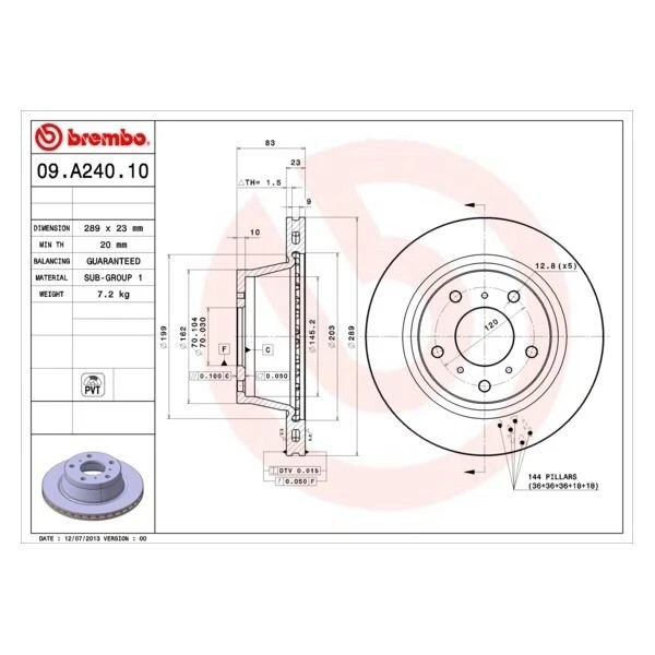 BREMBO Front Disc Brake Disc BRE035 (09.A240.10) for HOLDEN COMMODORE / LEXCEN - Image 2 of 3