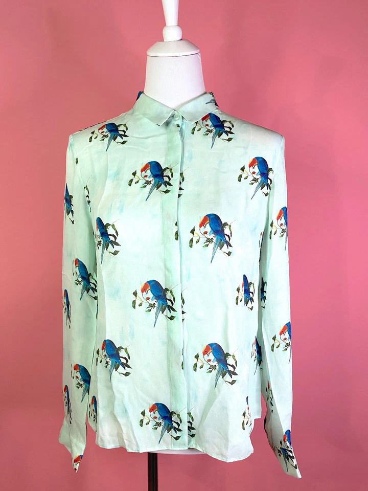 Alice + Olivia - Light blue silk shirt print parrot Size M NEW Chic Elegant - Bild 2 von 4