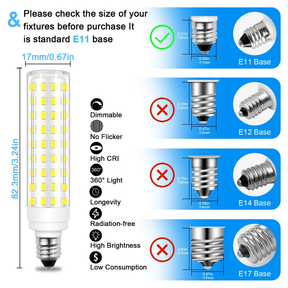 2pcs E11 LED Bulb Dimmable 10W 120V 950LM Ceramics Light For Fan Lamp T2896F60 H - Image 2 of 4