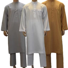 Islamic Mens Saudi Jubba Thobe Abaya Muslim Clothing Thoub Arab Robes+Pants Set