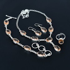 Ensemble de bijoux ethniques ovales en argent sterling 925 Morganite et pierr...