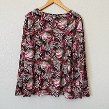 Lands End Plus 1X Pink Brown Palm Leaf Crew Swim Tee Rash Guard Long Sleeve