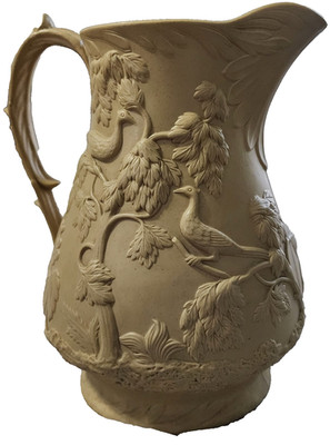 Buff Relief Molded Stoneware Jug   ''Pheasants and Gamekeeper''   Antique