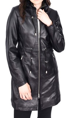 Womens Black Leather Duffle Coat 3/4 Length Removable Hood Semi-Fit Parka Mirren