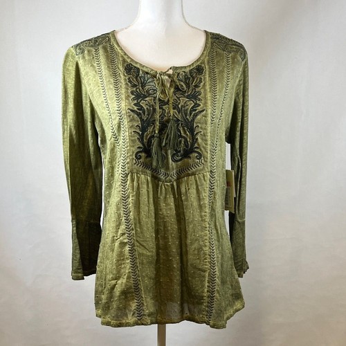 Reba Embroidered Bohemian Peasant Blouse Earthy Green Boho Chic Tunic Top Medium