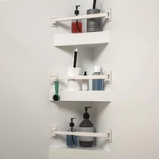 RV Shower Corner Storage Bar, 3, Base Angle, White Stand, Adjustable Rod