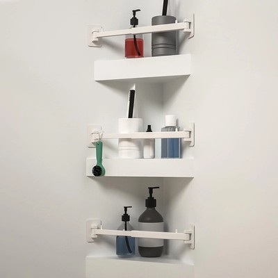 RV Shower Corner Storage Bar, 3, Base Angle, White Stand, Adjustable Rod