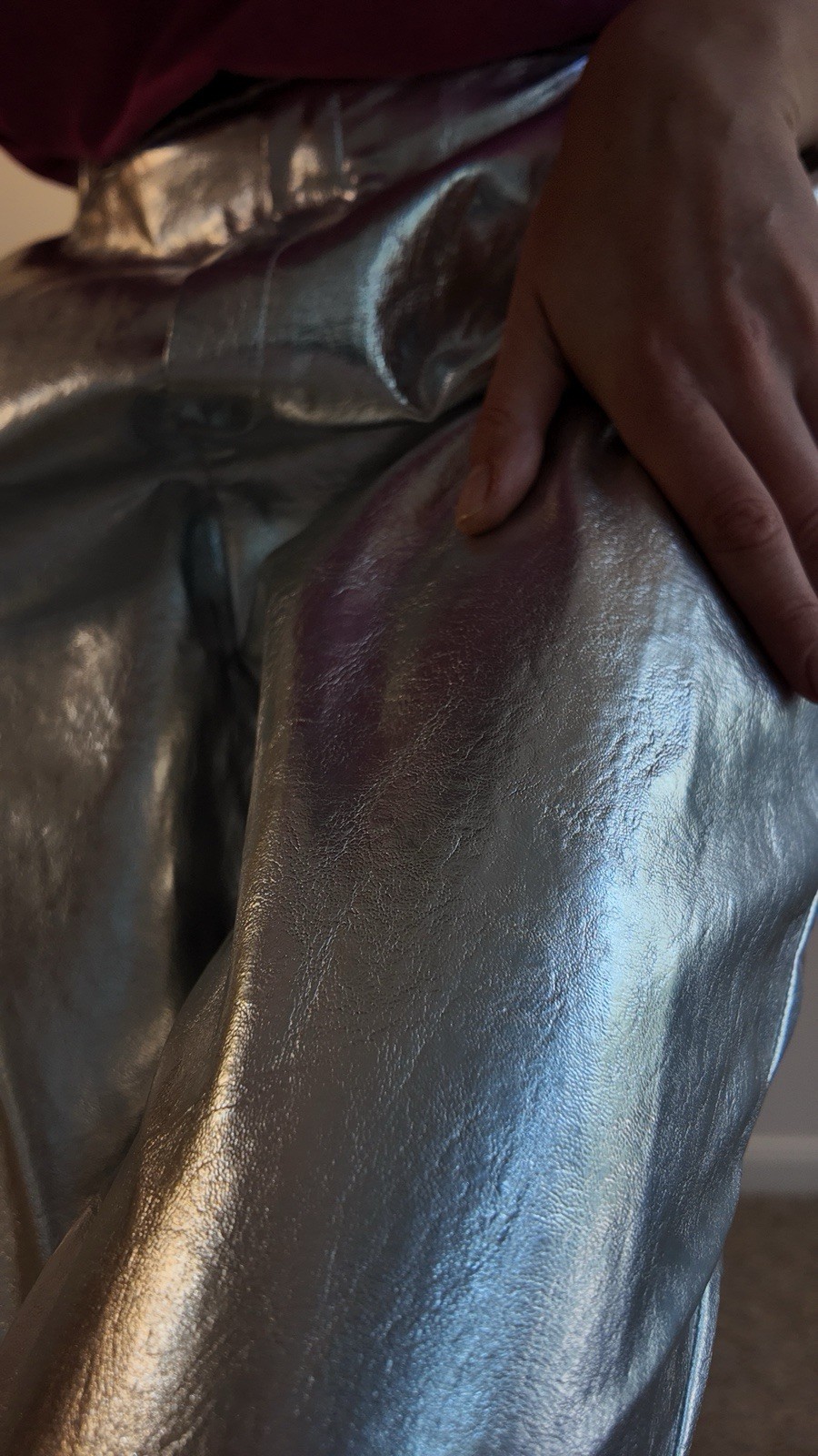 Silver Faux Leather Ankle Pants Shiny Straight Leg Elastic Waist Pockets Women thumbnail 7