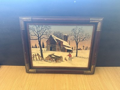 H. Hargrove Winter Farm Scene Hunter with Dog Serigraph on Canvas Framed
