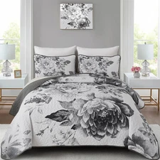 Grey Boho Floral Quilt Set King, 3 Pieces Elegant Gray Flower Bedspread Cover...