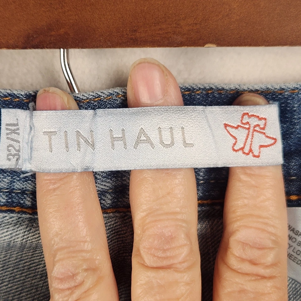 Jeans Tin Haul Para Hombre 32x34 Azul Lavado Medio Desgastado Pierna Recta Denim Foto 3 de 4