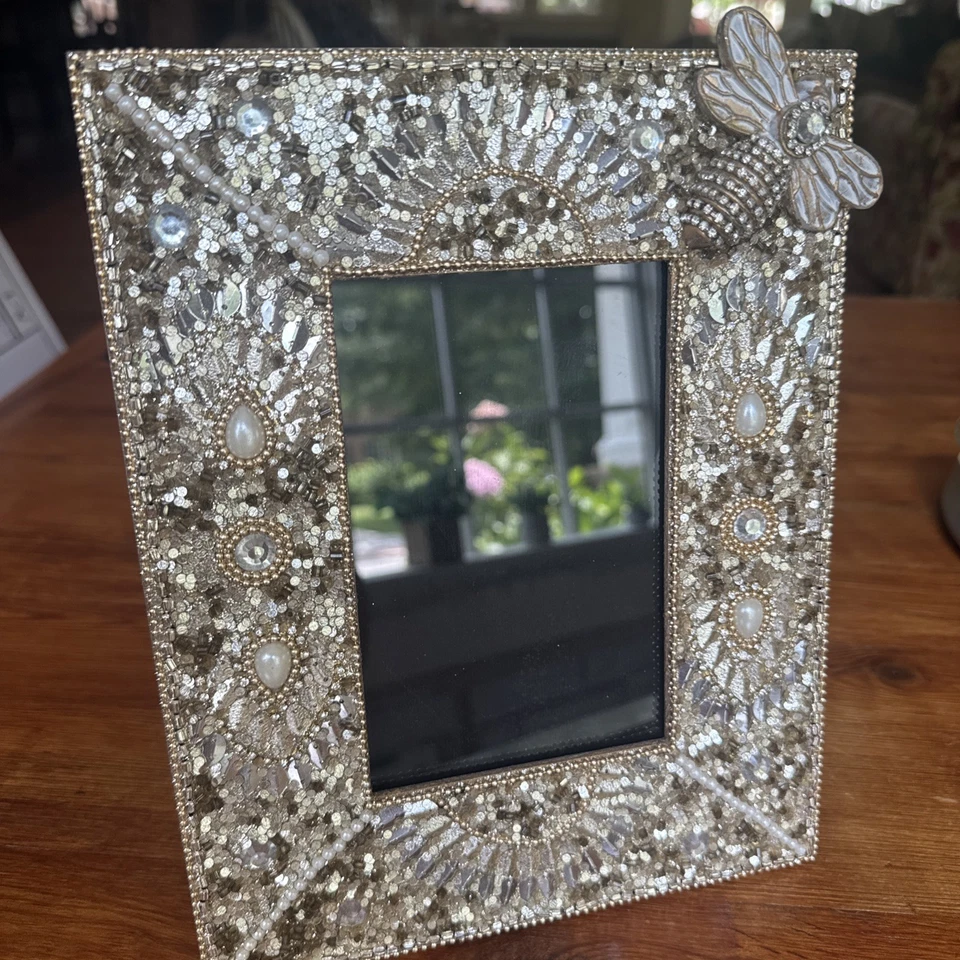 PRECIOSO Marco de Fotos Perlas Lentejuelas Cuentas Doradas con Adorno de Abeja 4x6 Foto 2 de 4