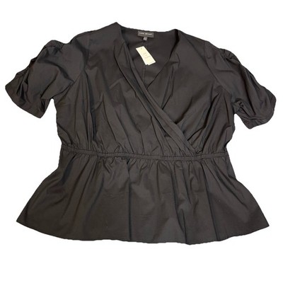 NWT Lane Bryant V Neck Peplum Waisted Puff Sleeve Top Blouse Black Size 22/24