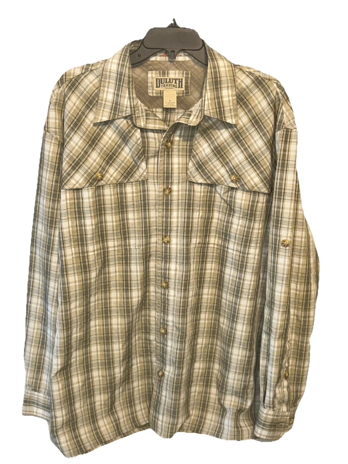 Duluth Trading Co Men’s NFZ Tan Plaid Long Sleeve Outdoor Activewear Shirt Large