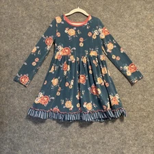 Matilda Jane Dress Girls Size 8 Blue Floral Long Sleeve Ruffle Hem Twirl Knit