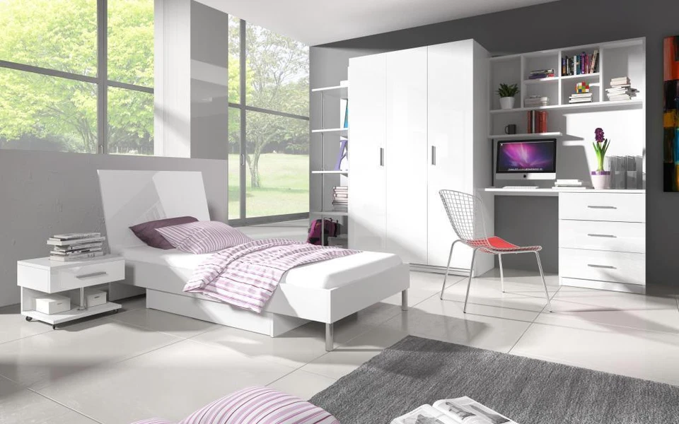 Jugendzimmer Kinderzimmer Set Bett Kleiderschrank Roy 3 Schreibtisch Set Weiß 07 - Bild 2 von 4