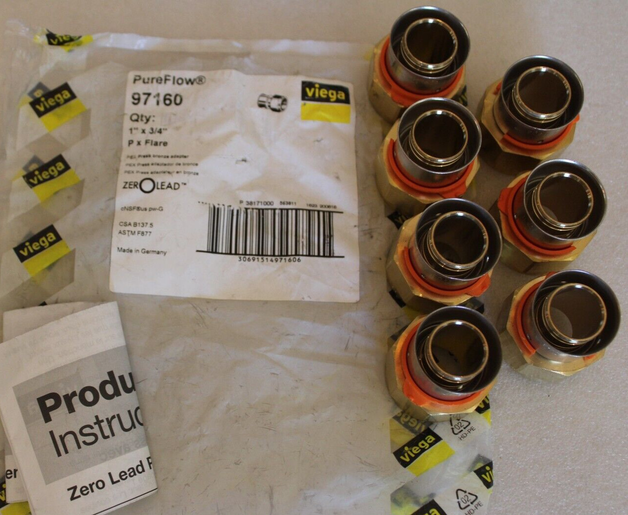 Viega 97160 - 1" x 3/4" PureFlow PEX x Flare Press Adapters - Lot of 7
