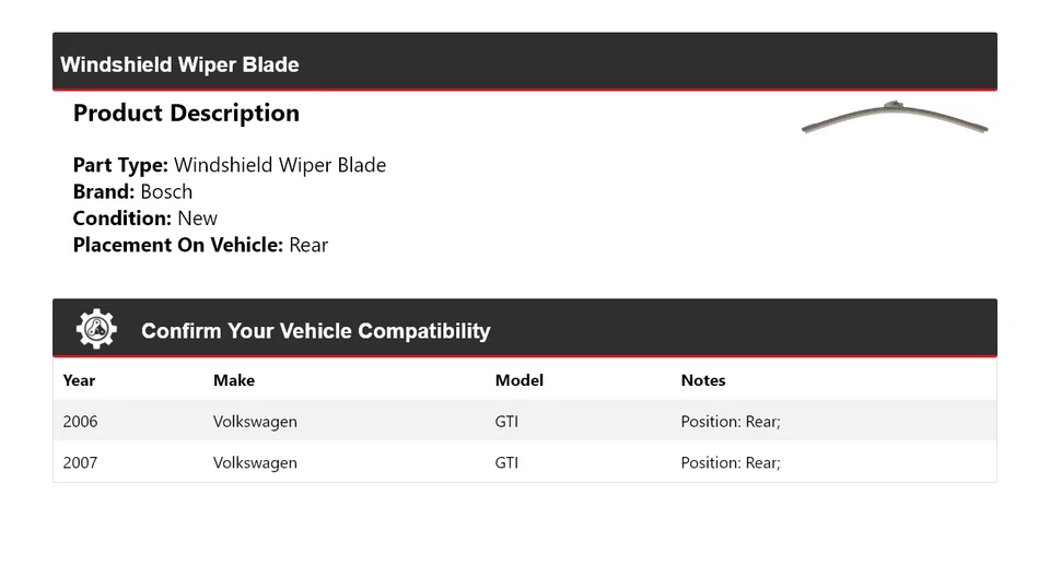 Limpiaparabrisas trasero para Volkswagen GTI Bosch 2006-2007 Foto 2 de 3