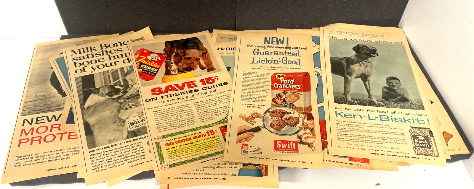 VTG  16 1950's & 1960&rsquo;s dog, food, advertisements, swift, Ken, L, Friskies, etc.