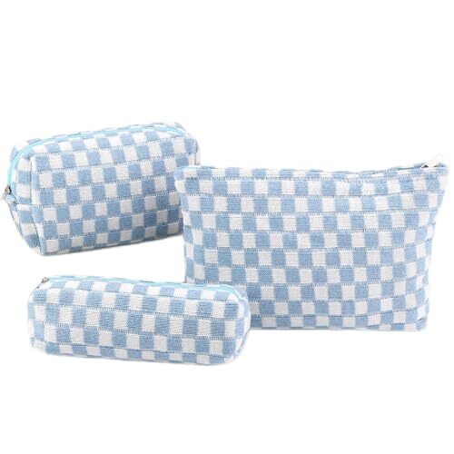 Makeup Bag 3 Pieces Large Capacity Checkered Cosmetic Bag Canvas Travel Blue
