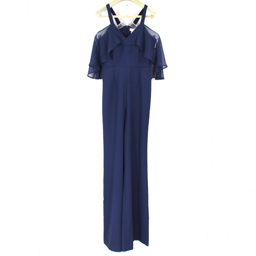 JAY GODFREY Oliver Navy Blue Wide Leg Jumpsuit Chiffon Ruffle Cold Shoulder 2 XS
