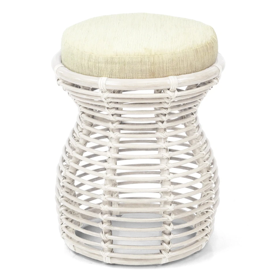 Milan Handmade Natural Rattan Wicker Ottoman Stool Vanity Bedroom, White - Image 2 of 4