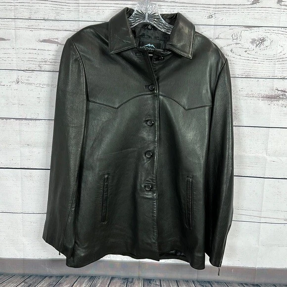 Montanaco Leather Jacket Womens Medium Black Pockets Button Soft Y2k Classic