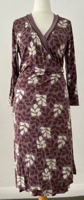 Boden Kleid Damen Lila Blätter Jersey Wickel Midi 3/4 Arm Größe 14 L