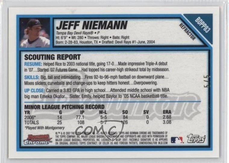 2007 Bowman Draft Chrome Picks Prospects Red Refractor /5 Jeff Niemann #BDPP83 - Image 2 of 2