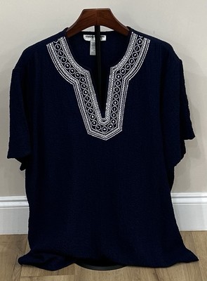 CATHY DANIELS Women's Top Pullover Short Sleeve V-Neck Size 2X Sequins Blue EUC