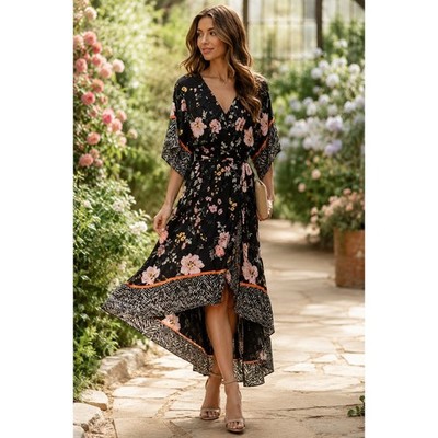 Tahari Floral Wrap Dress Size 10 High Low Midi Black Pink Zebra Kimono Sleeve