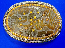 Yellow Rhinestones Studded on Vintage Western Oval Faux Leather Belt Buckle