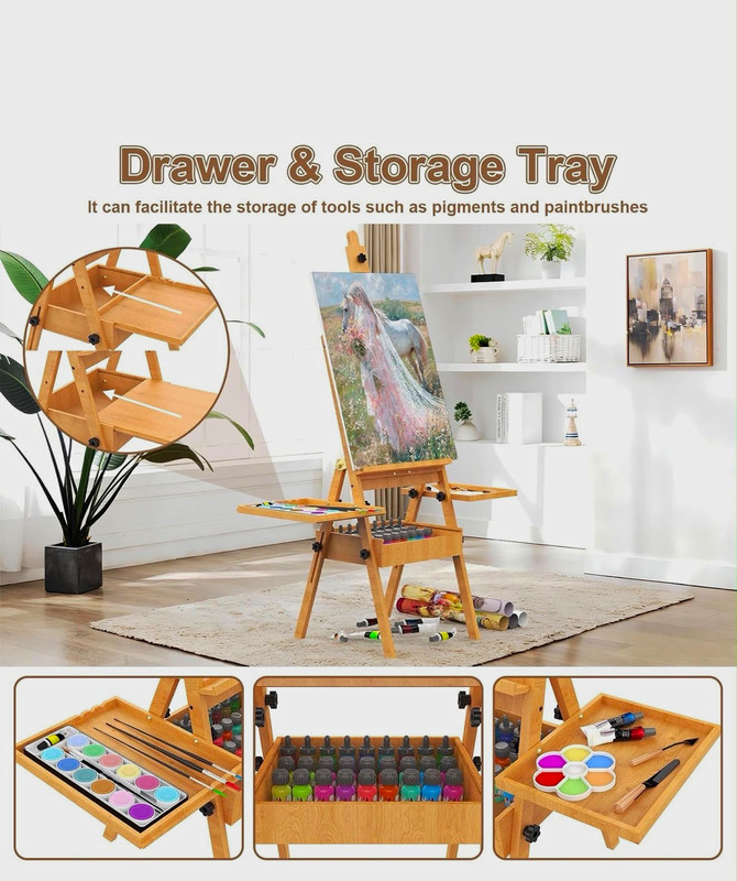 Wooden Adjustable Studio Artist Easel w/ Storage Drawer, Side Trays, 48in