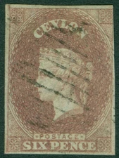SG 1 Ceylon 1857. 6d purple-brown. Very fine used, good margins just touched...