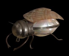 ANTIQUE 1910 RARE SIGNED GERMAN ART & CRAFTS FLY SUGAR BOWL MOTHER OF PEARL