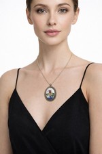 Vintage Delft Style Large Oval Pendant Necklace Dutch / Windmill Scene 31" Chain