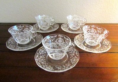 ( Set of 5 ) Fostoria NAVARRE / Etched CUP & SAUCER Sets / Mint!