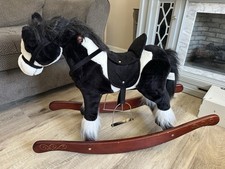 Black and White Plush Rocking Horse Toy with Wooden Base for Ages 3-7 Years