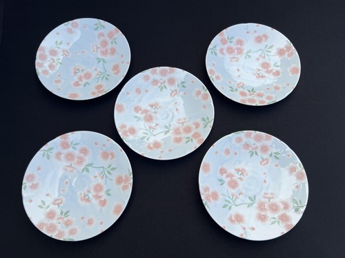VTG Japanese Sakura Blue Textured Plates Set 5 Cherry Blossom Porcelain Floral - Picture 2 of 24