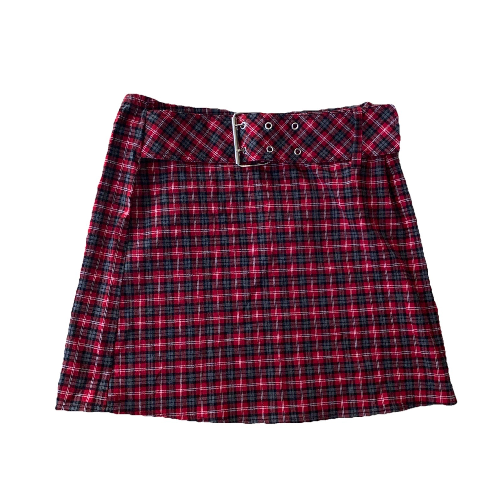Y2K 90s Vintage Red Plaid Buckle Mini Short Skirt Sz M Lunachix