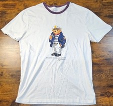 Polo Ralph Lauren Men's White Polo Bear Graphic Purple Collar T-Shirt Medium