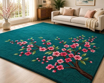 Hand Tufted New Zealand Wool Floral Rug, Teal Green Cherry Blossom Area Rug,