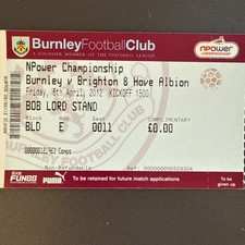 Burnley v Brighton(Championship 2011/12) 6/4/2012 Match Ticket