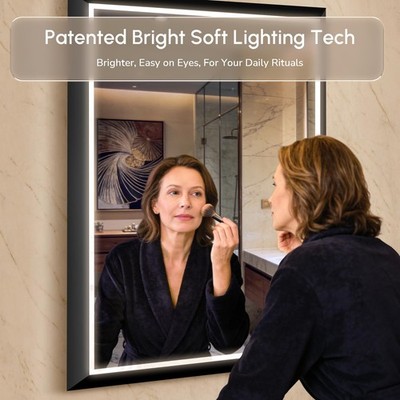 LED Bathroom Mirror Black Frame  Anti-Fog Dimmable 3-Color 36-40In ETL