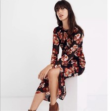 Madewell dress womens XXS black red floral print sheer side slit midi feminine