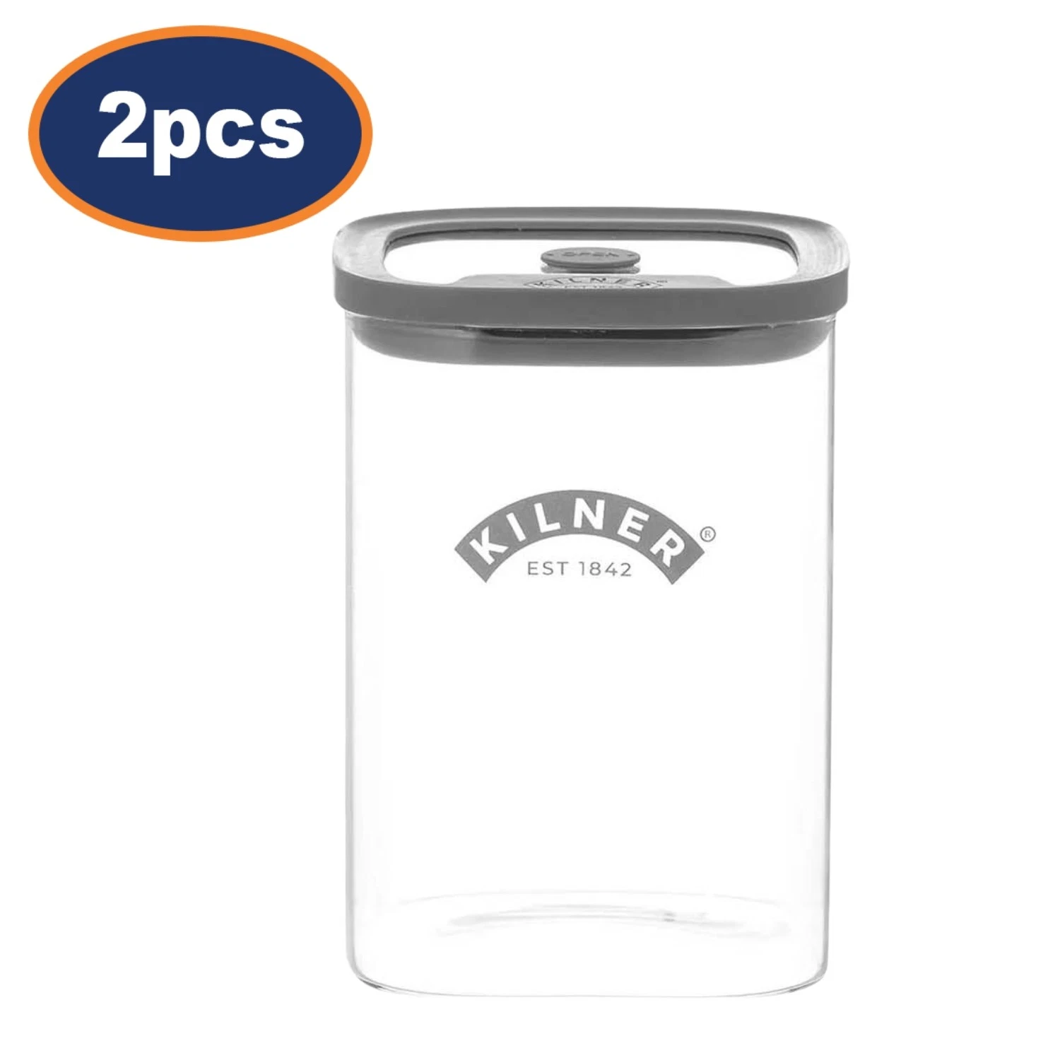Kilner Fresh Storage Jar Glass 1L Square Container Airtight Silicone Lid 2Pcs