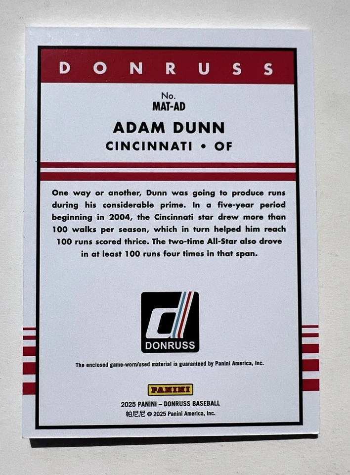 2025 Donruss 1/1 Adam Dunn MATERIAIS RETRÔ 1985 🔥Etiqueta de lavanderia🔥 #MAT-AD vermelhos - Imagem 2 de 3