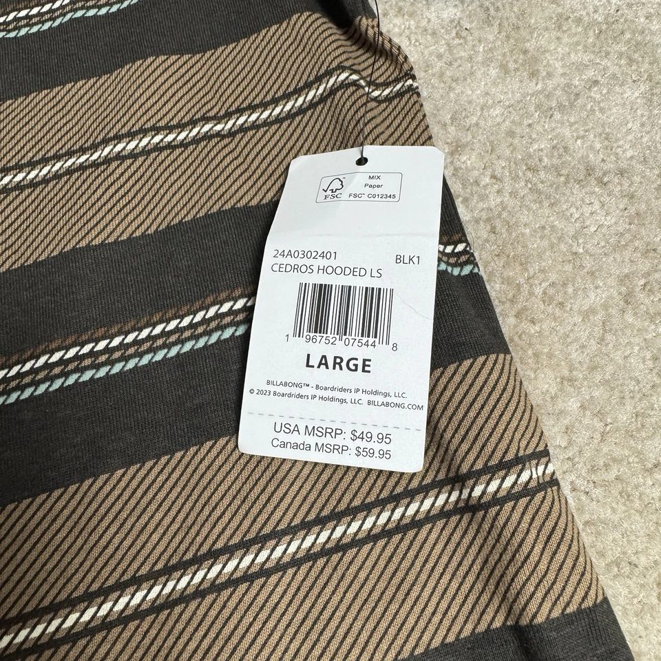NUEVO CON ETIQUETAS Billabong Para Hombres Sudadera con Capucha a Rayas XL Marrón Negro Camisa Ligera Manga Larga Foto 4 de 4
