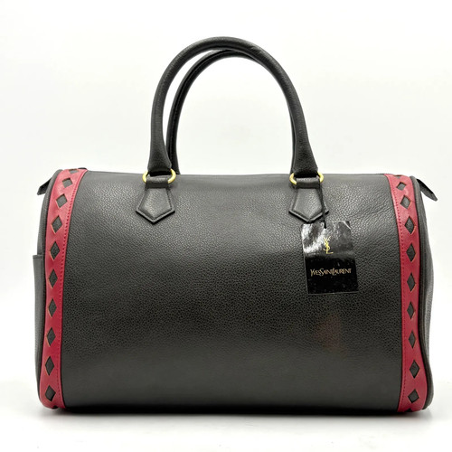Auth Yves Saint Laurent Cutwork Leather Mini Boston Hand Bag Black Red 2Y8144